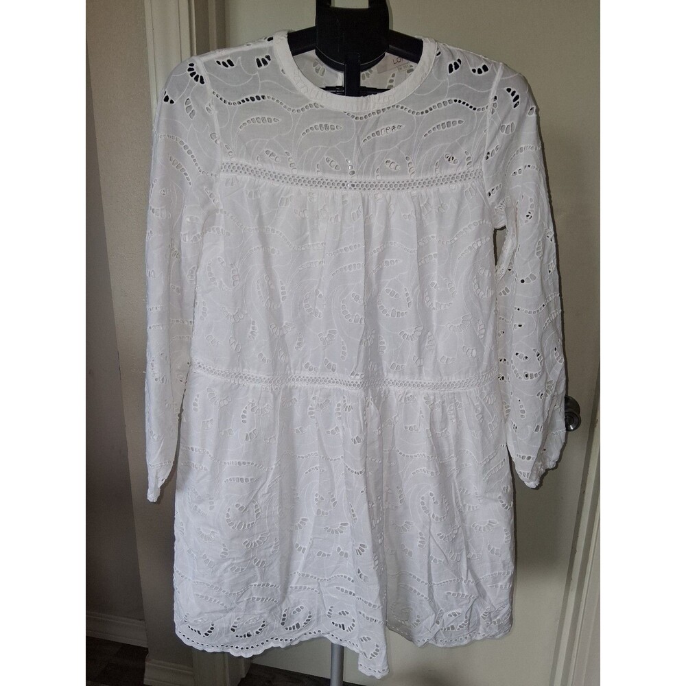 NEW! Women's LOFT Eyelet Long Sleeve Mini Tiered Swing Dress, White XS - Picture 3 of 12